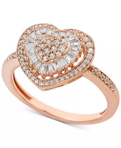 Souverel Hartvormige Cluster Ring met Baguette- en Ronde Diamanten