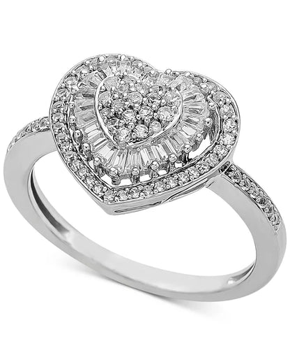 Souverel Hartvormige Cluster Ring met Baguette- en Ronde Diamanten