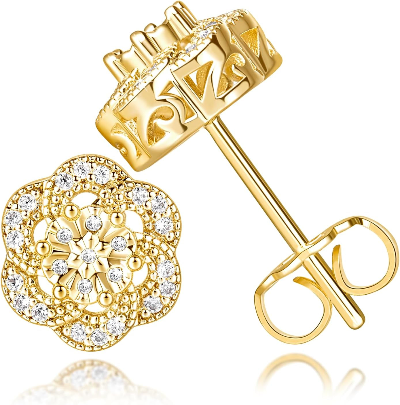 Souverel 14K Goudkleurige Bloemvormige Studs – Hypoallergeen met CZ en Butterfly Sluiting