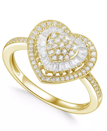 Souverel Hartvormige Cluster Ring met Baguette- en Ronde Diamanten