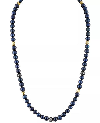 Souverel Navy Blauwe Zoetwaterparelketting met Diamantaccenten 