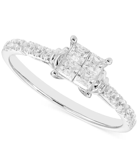 Souverel 14k Witgouden Quad Ring met Prinses- en Ronde Diamanten