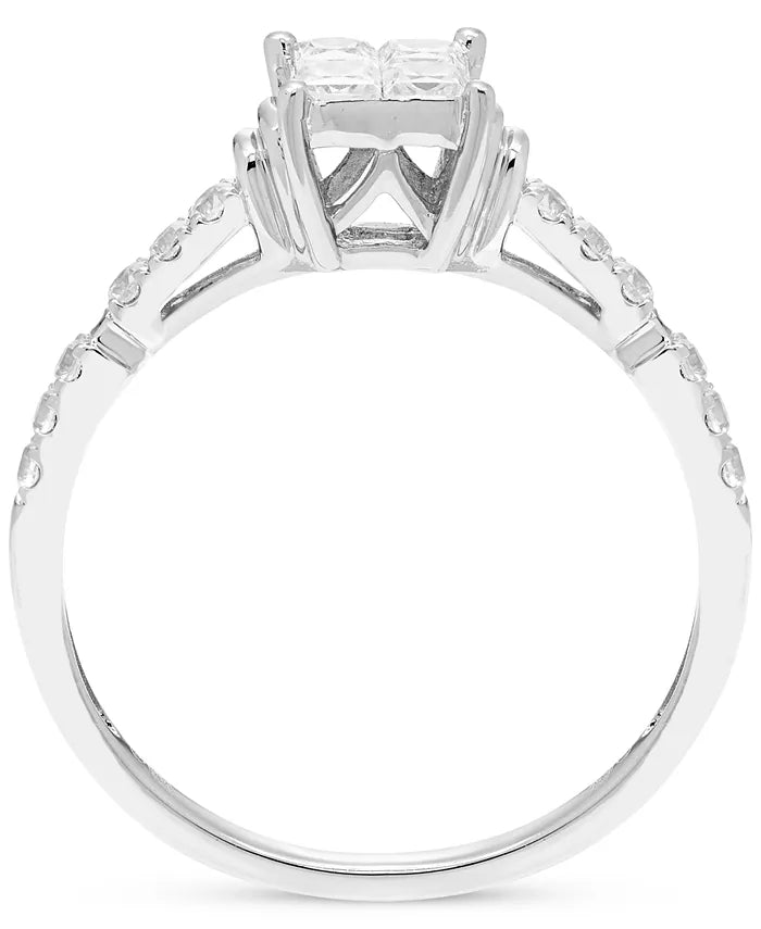 Souverel 14k Witgouden Quad Ring met Prinses- en Ronde Diamanten