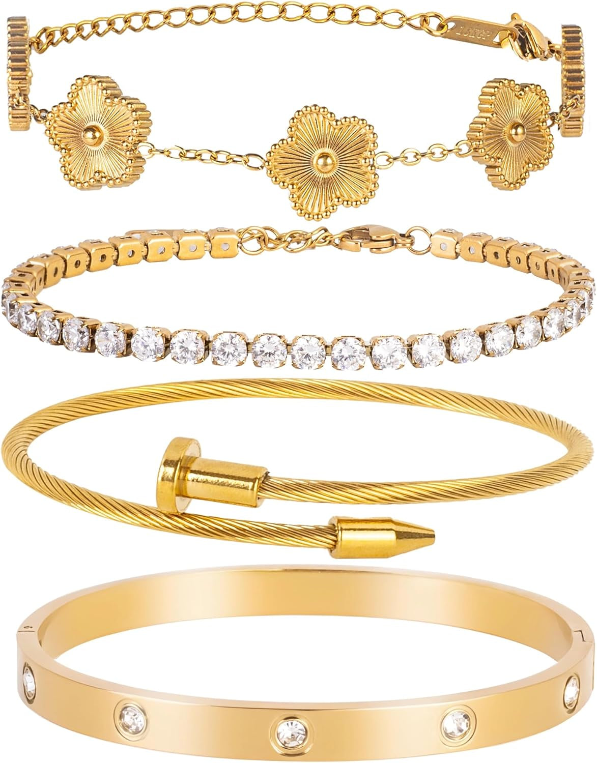 Souverel 4-Delige Nail Love Bangle Set – 18K Goud Verguld, Clover en Tennis Armbanden, Verstelbaar