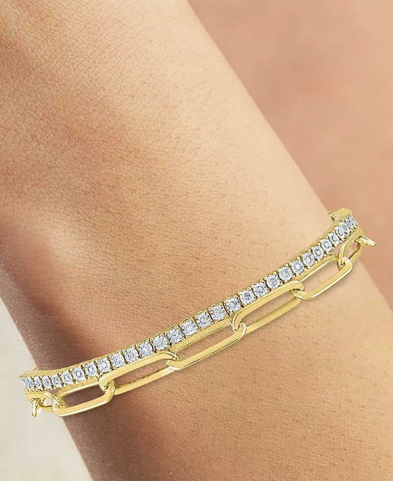 Souverel 2-Delige Set: Diamant & Paperclip Armbanden in 14k Goudgeplateerd Zilver