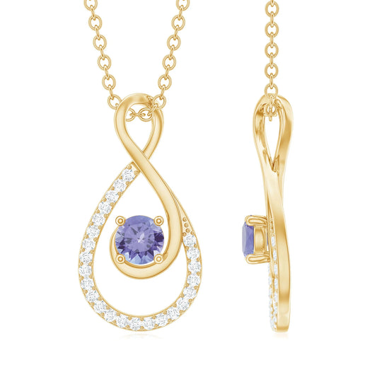 Souverel Dames Ketting met Druppelvormige Tanzaniet en Diamanten Hanger in 14K Geelgoud