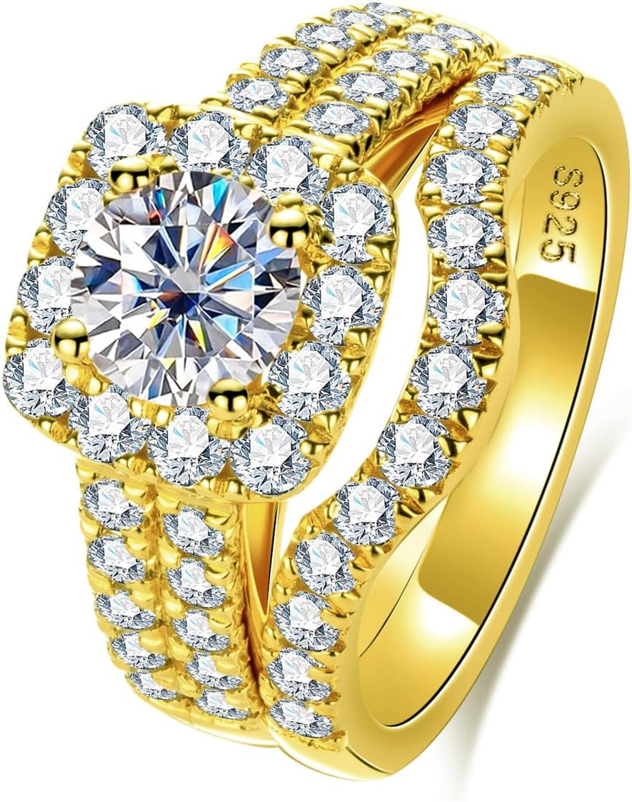 Souverel 1ct en 2ct Moissanite Ringenset – 14K Goud Verguld op 925 Sterling Zilver