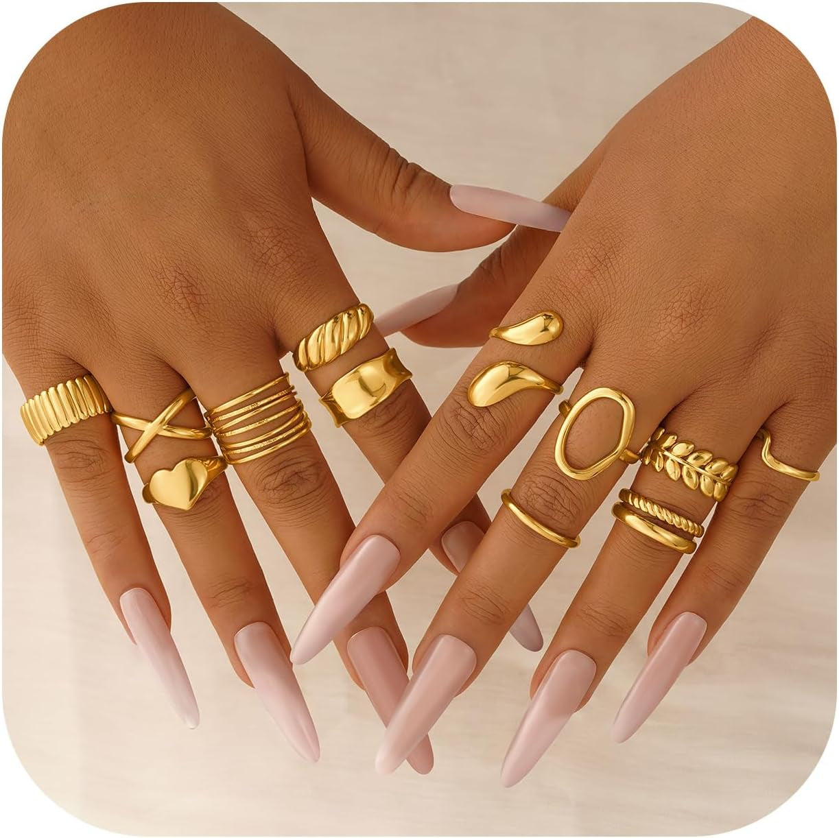 Souverel 12-Delige Chunky Gold Plated Ringenset – 14K Vergulde