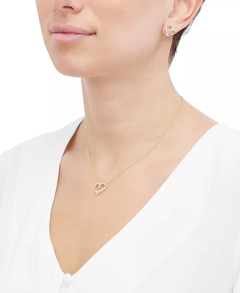 Souverel Hart Sieradenset – Ketting en Oorknopjes met Lab-Created Roze en Witte Saffier