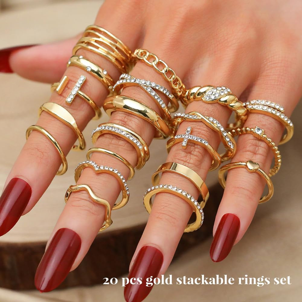 Souverel 20-Delige Gouden Stackable Ringenset – Hypoallergeen, Luxe & Mix van Maten voor Dagelijks Stijlvol Draagcomfort