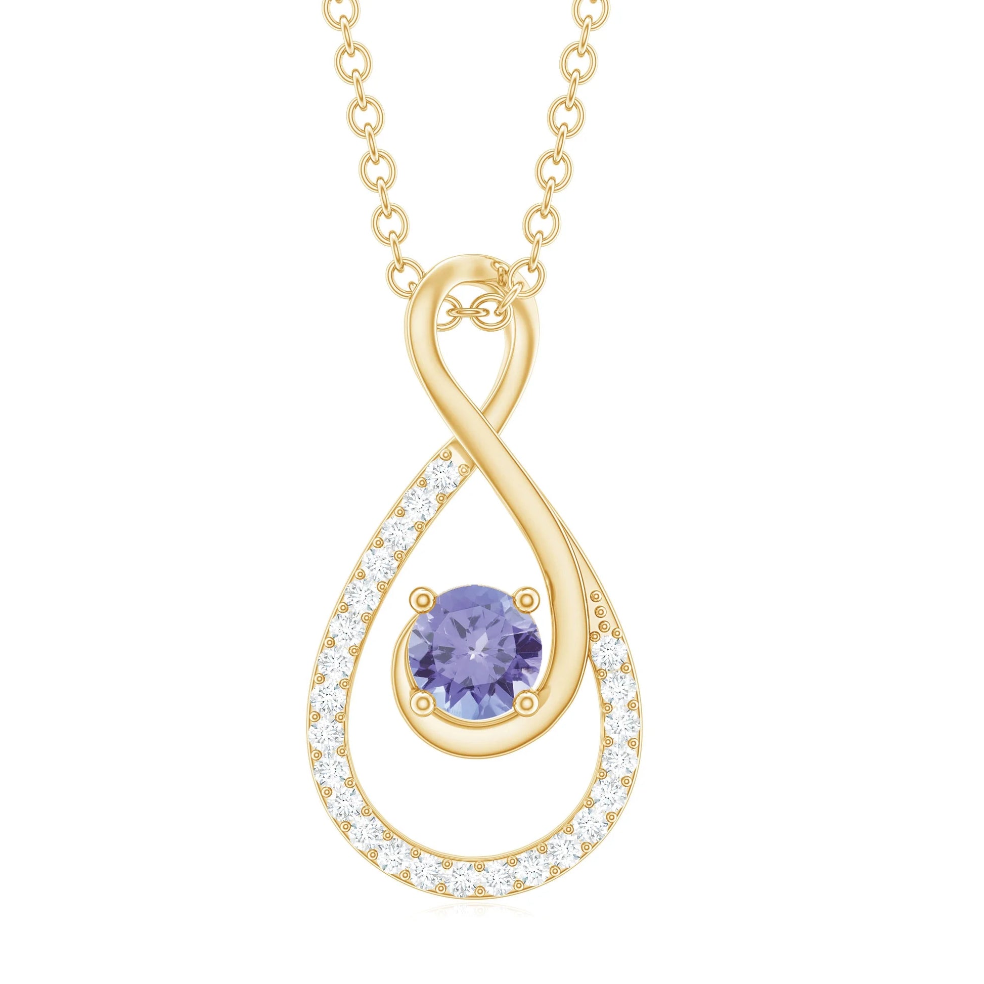 Souverel Dames Ketting met Druppelvormige Tanzaniet en Diamanten Hanger in 14K Geelgoud