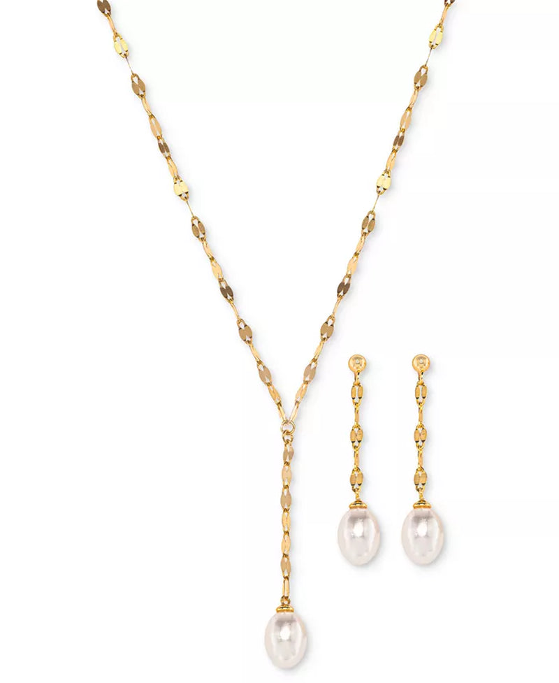 Souverel 2-Delige Parel Sieradenset – Lariat Ketting en Drop Oorbellen, 7x9mm, Sterling Zilver