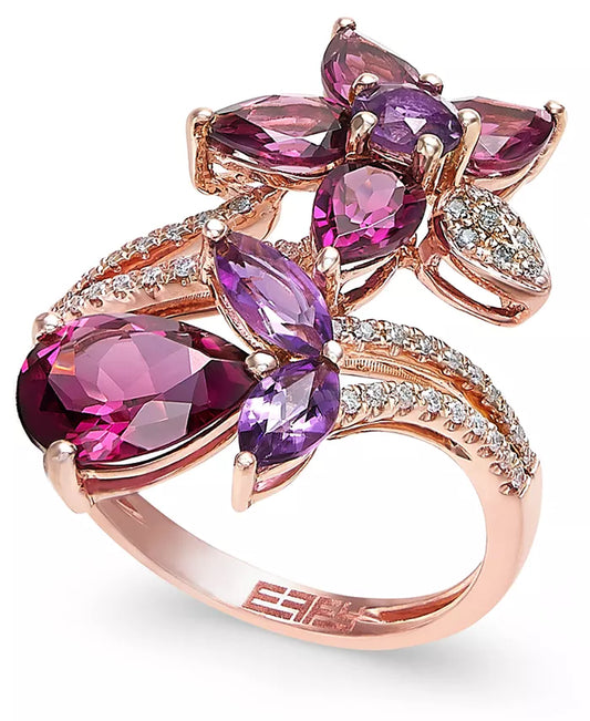 Souverel - Bloemenring met Amethist, Rhodoliet Granaat en Diamanten in 14k Roségoud