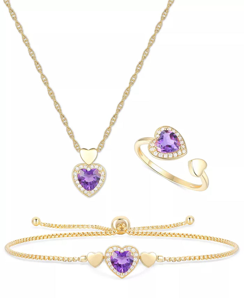 Souverel 3-Delige Hart Sieradenset – Amethist en Lab-Grown Witte Saffier in 14K Goud Verguld Zilver