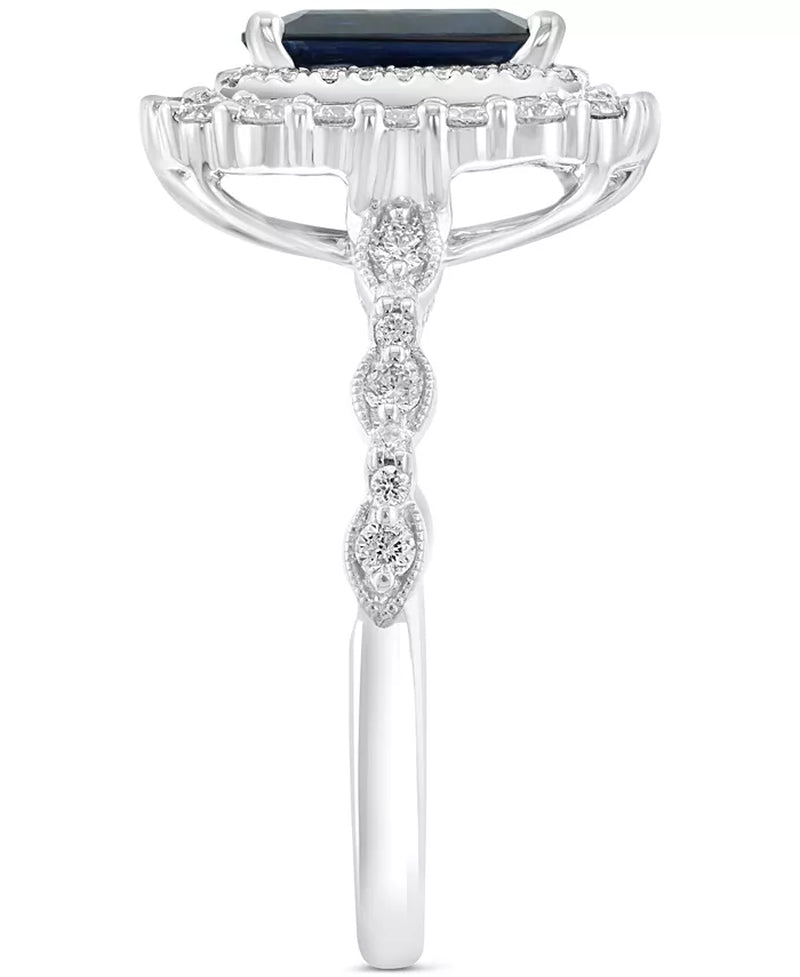 Souverel - Prachtige 14k witgouden ring met dubbele halo en smaragdgeslepen blauwe saffier