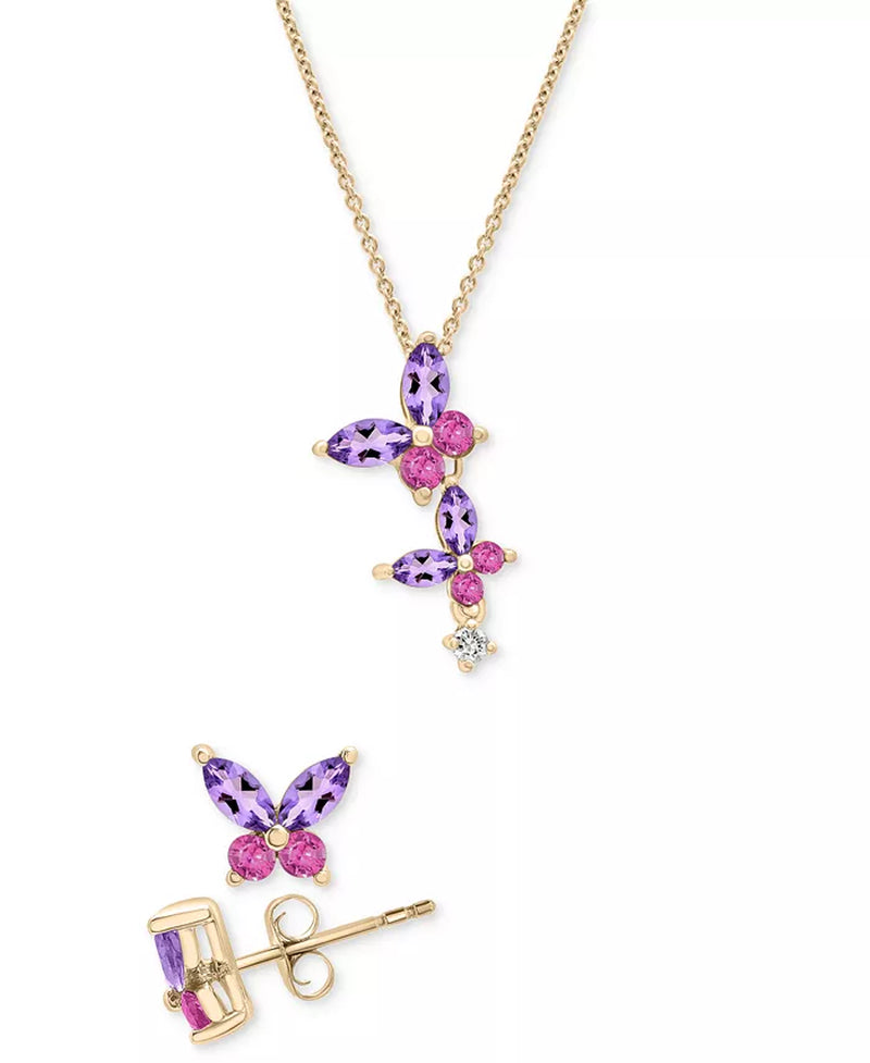 Souverel 2-Delige Vlinder Sieradenset – Roze Saffier, Amethist en Witte Saffier in 14K Goud Verguld Zilver