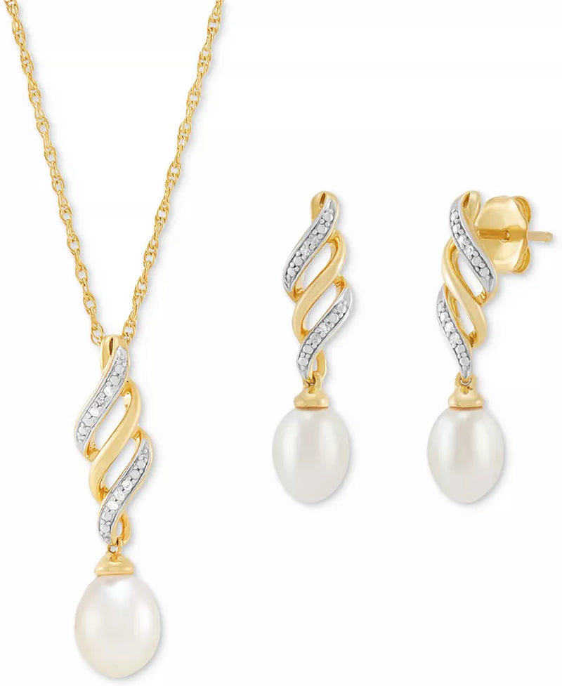 Souverel 2-Delige Set: Zoetwaterparel & Diamantaccent – Swirl Hangerketting en Oorbellen in 14k Goudgeplateerd Zilver