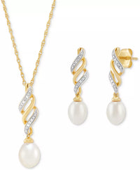 Souverel 2-Delige Set: Zoetwaterparel & Diamantaccent – Swirl Hangerketting en Oorbellen in 14k Goudgeplateerd Zilver
