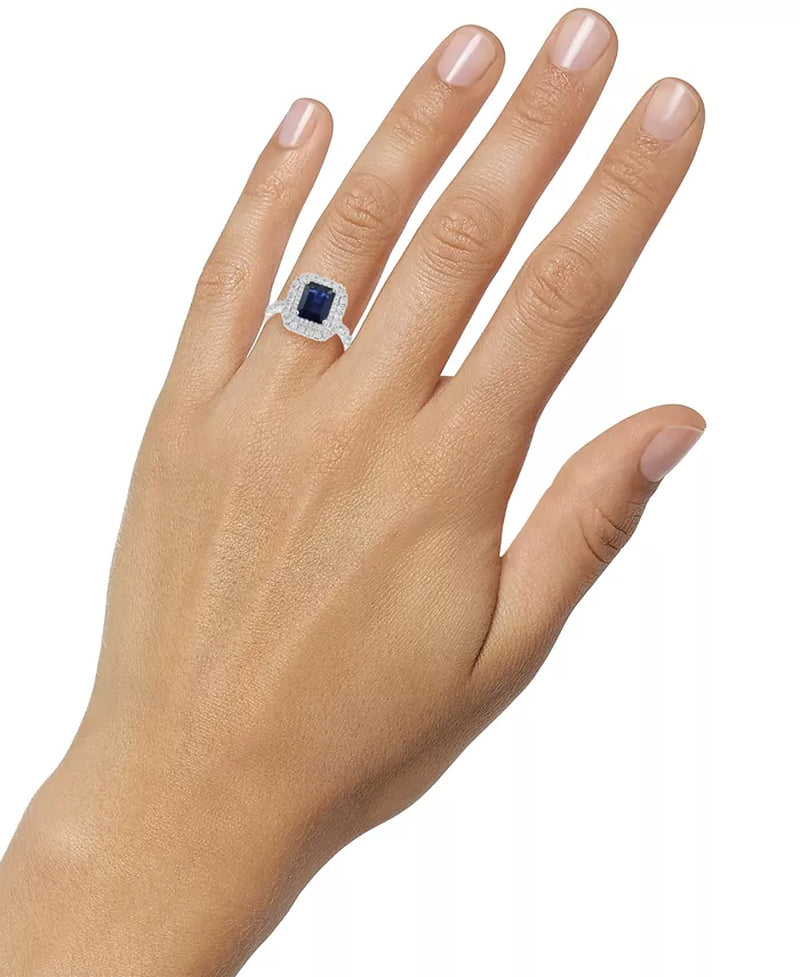 Souverel - Prachtige 14k witgouden ring met dubbele halo en smaragdgeslepen blauwe saffier