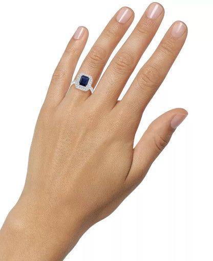 Souverel - Prachtige 14k witgouden ring met dubbele halo en smaragdgeslepen blauwe saffier