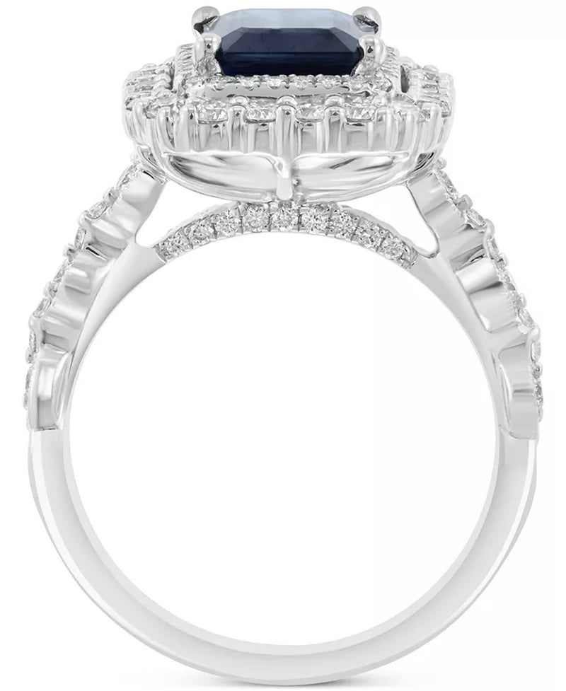 Souverel - Prachtige 14k witgouden ring met dubbele halo en smaragdgeslepen blauwe saffier