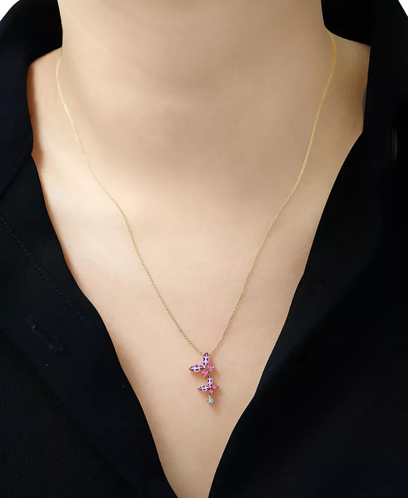 Souverel 2-Delige Vlinder Sieradenset – Roze Saffier, Amethist en Witte Saffier in 14K Goud Verguld Zilver