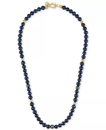 Souverel Navy Blauwe Zoetwaterparelketting met Diamantaccenten 