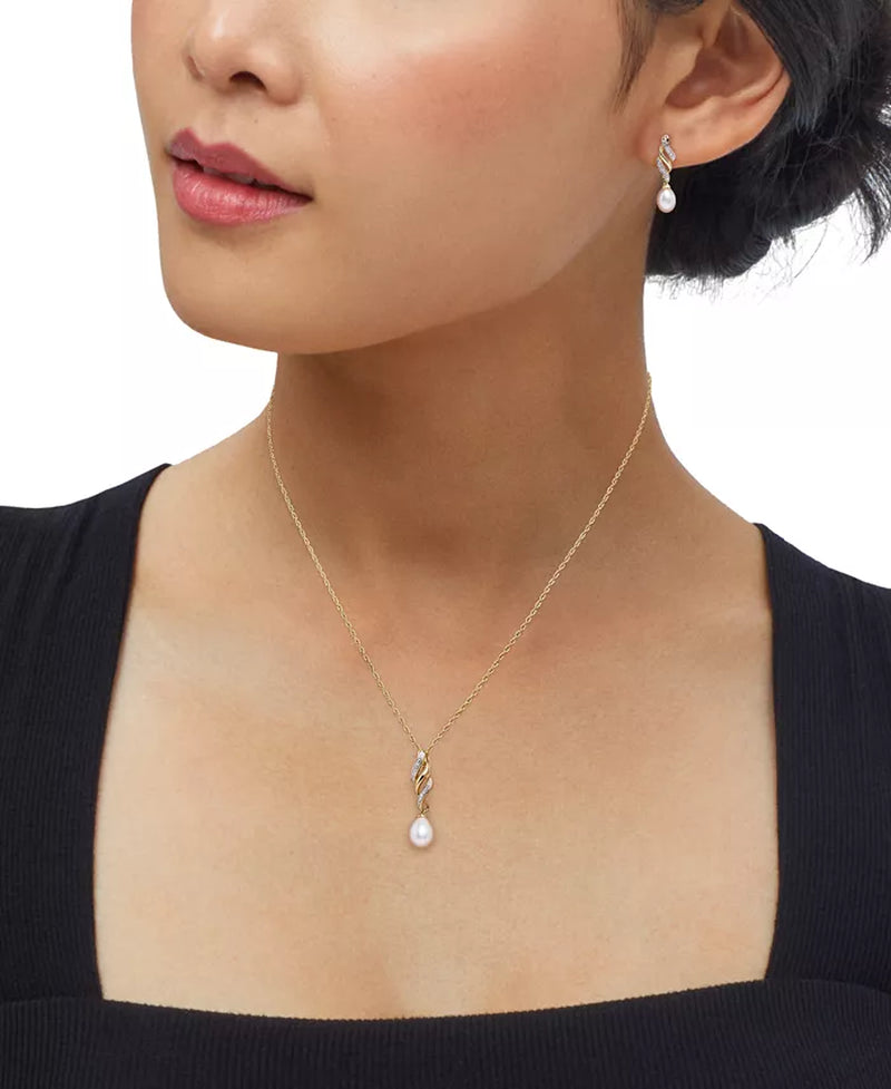 Souverel 2-Delige Set: Zoetwaterparel & Diamantaccent – Swirl Hangerketting en Oorbellen in 14k Goudgeplateerd Zilver
