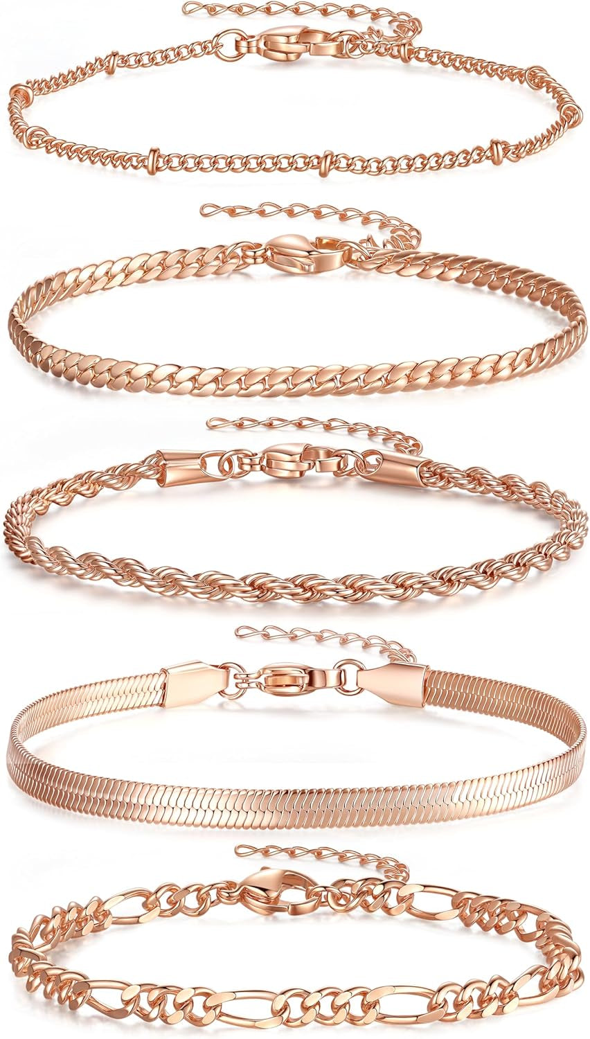 Souverel 5-Delige Stackable Armband Set – Roségoud, Dainty en Verstelbaar