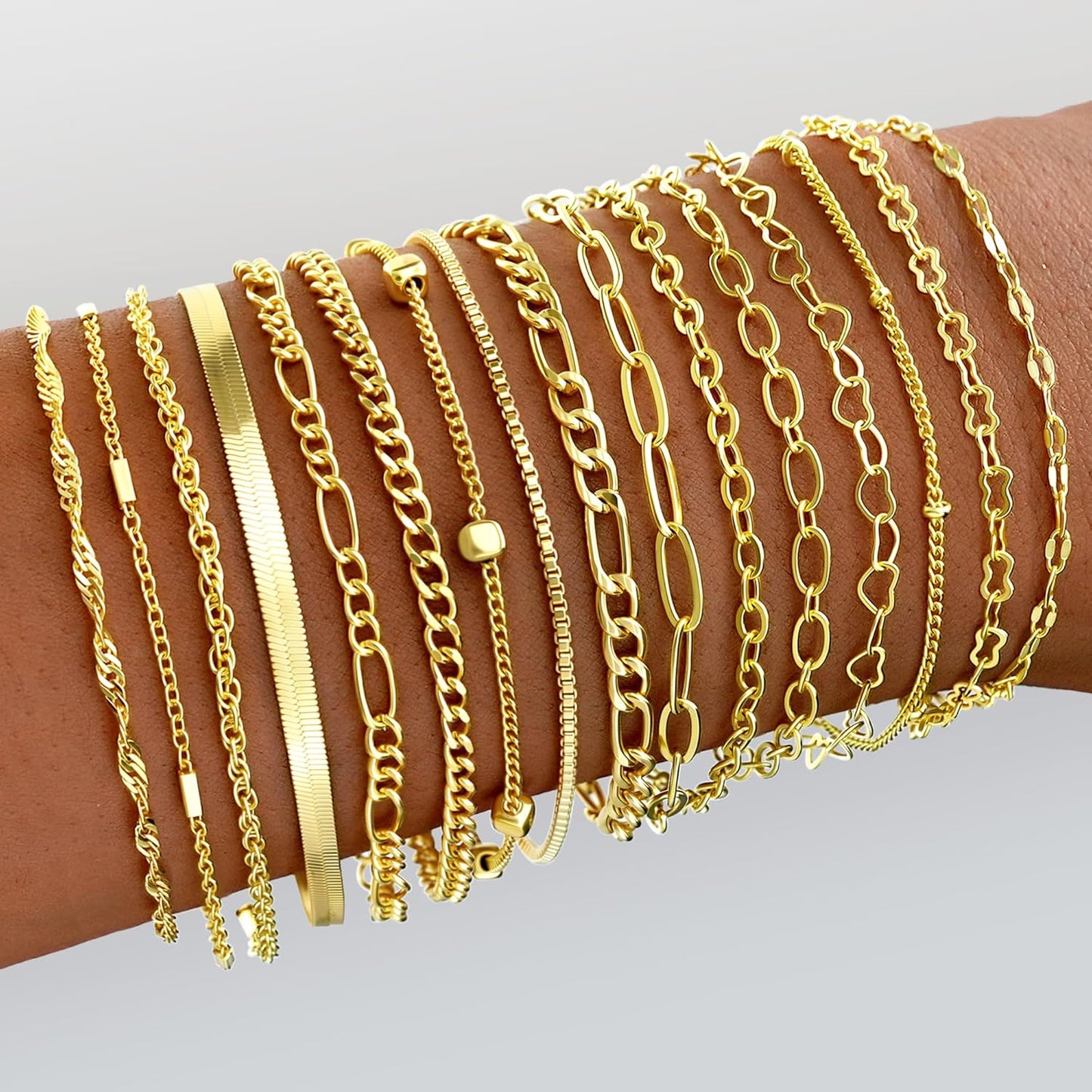 Souverel 16-Delige Stackable Armband Set – Goud, Dainty en Trendy Cuban Link en Paperclip Chains