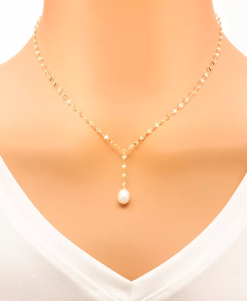 Souverel 2-Delige Parel Sieradenset – Lariat Ketting en Drop Oorbellen, 7x9mm, Sterling Zilver