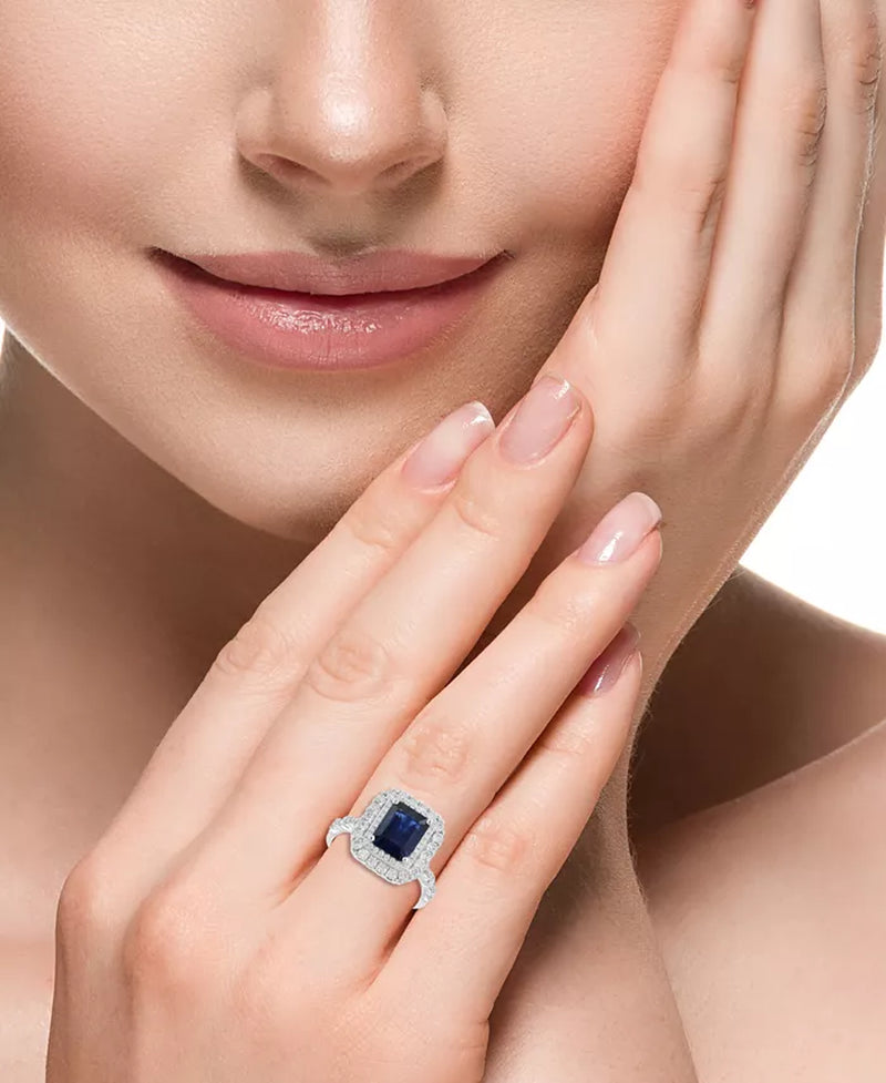 Souverel - Prachtige 14k witgouden ring met dubbele halo en smaragdgeslepen blauwe saffier
