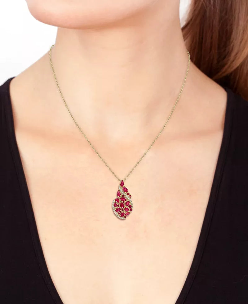 Souverel – 14k Gouden Hangerketting met Artistieke Cascade van Robijnen en Diamanten 