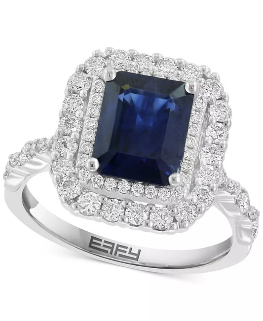 Souverel - Prachtige 14k witgouden ring met dubbele halo en smaragdgeslepen blauwe saffier