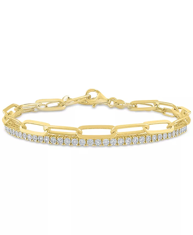 Souverel 2-Delige Set: Diamant & Paperclip Armbanden in 14k Goudgeplateerd Zilver